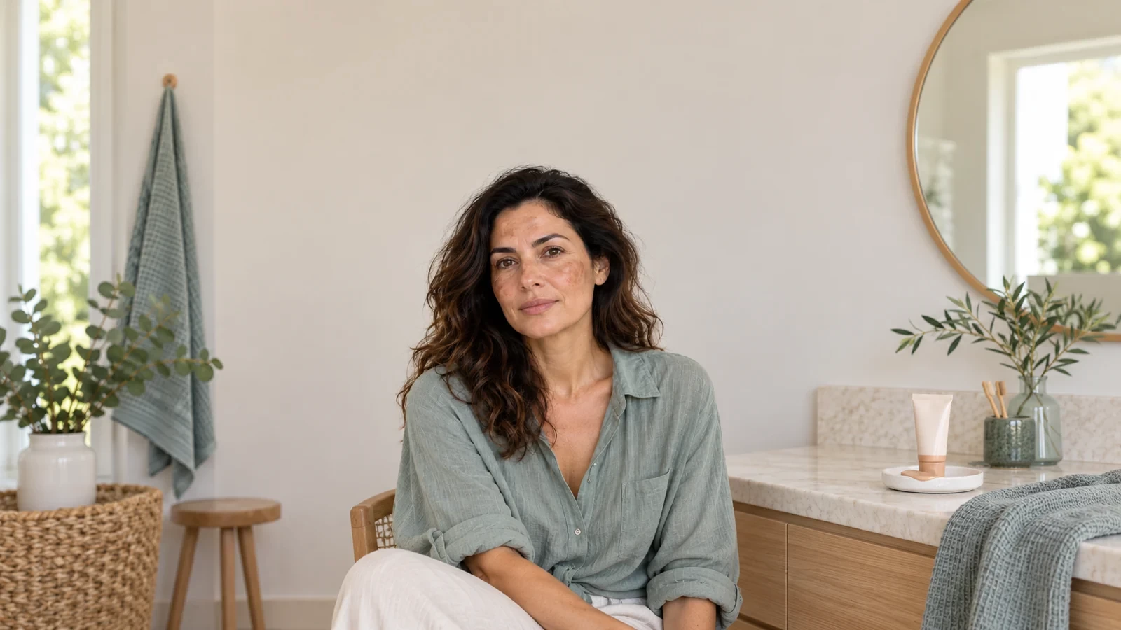 Yanak ve alın bölgesinde kahverengi renk eşitsizlikleri bulunan yetişkin kadın ve yanında markasız renkli güneş koruyucu; yapay zekâyla oluşturulmuş temsili görsel.
